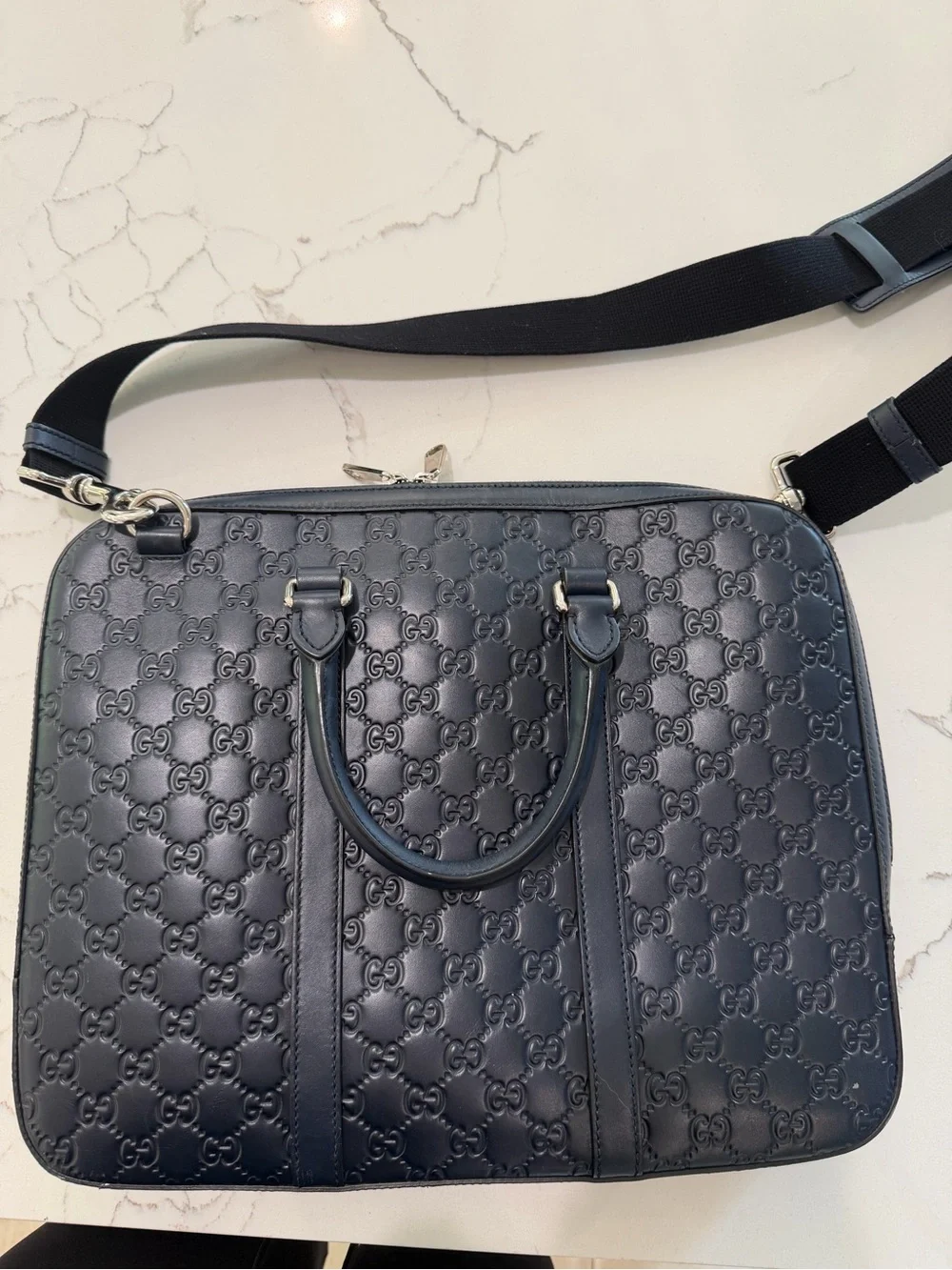 Gucci Black Embossed Signature Laptop Briefcase with Detachable Strap